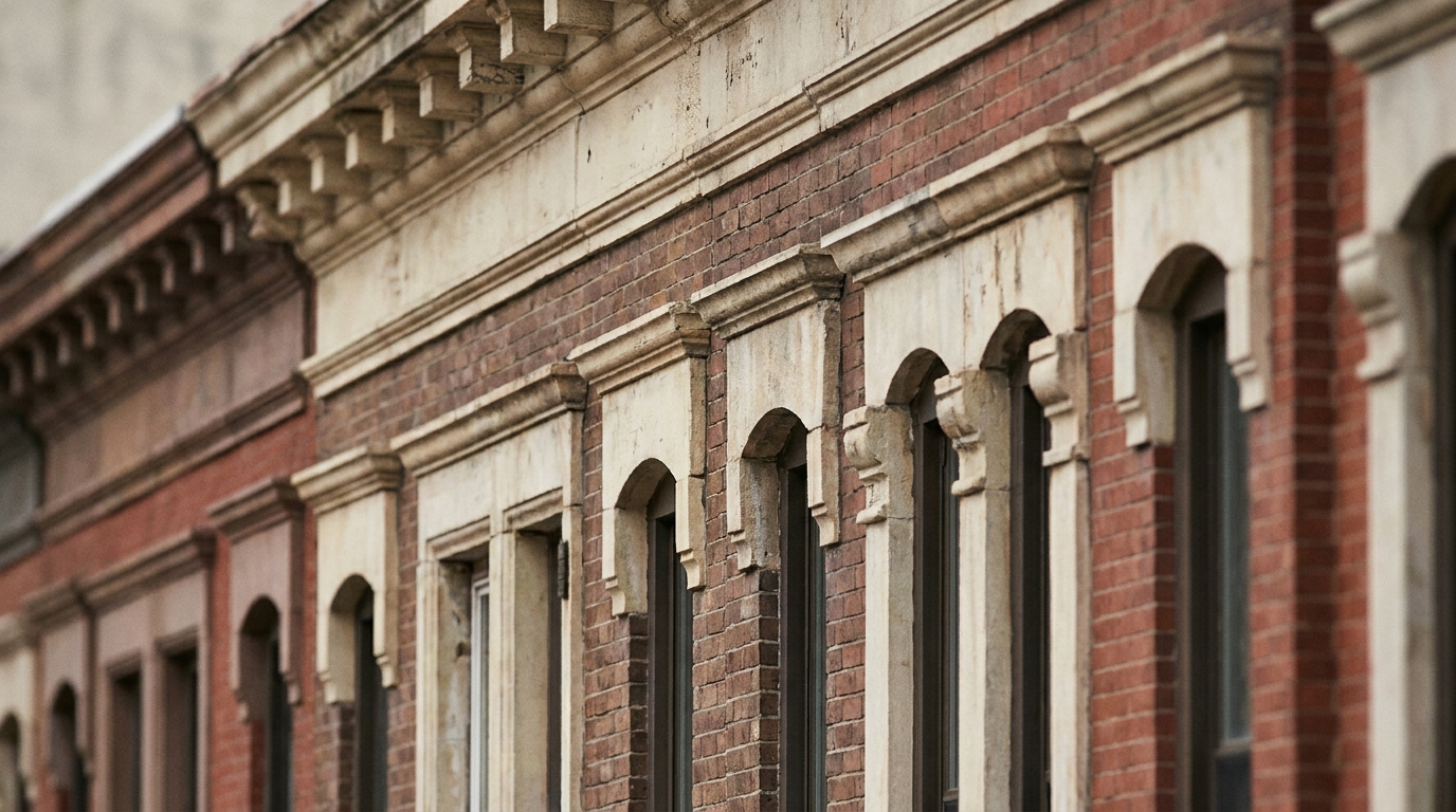 Brick rowhouse facades in Philadelphia showing the rhythm of window openings and stone lintels